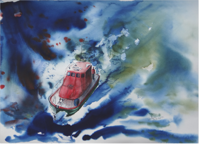 En mer bateau aquarelle ADSN pêche vague vagues océan bretagne