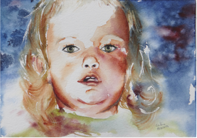 Portrait d`une petite fille de 2 ans à Noël à l`aquarelle